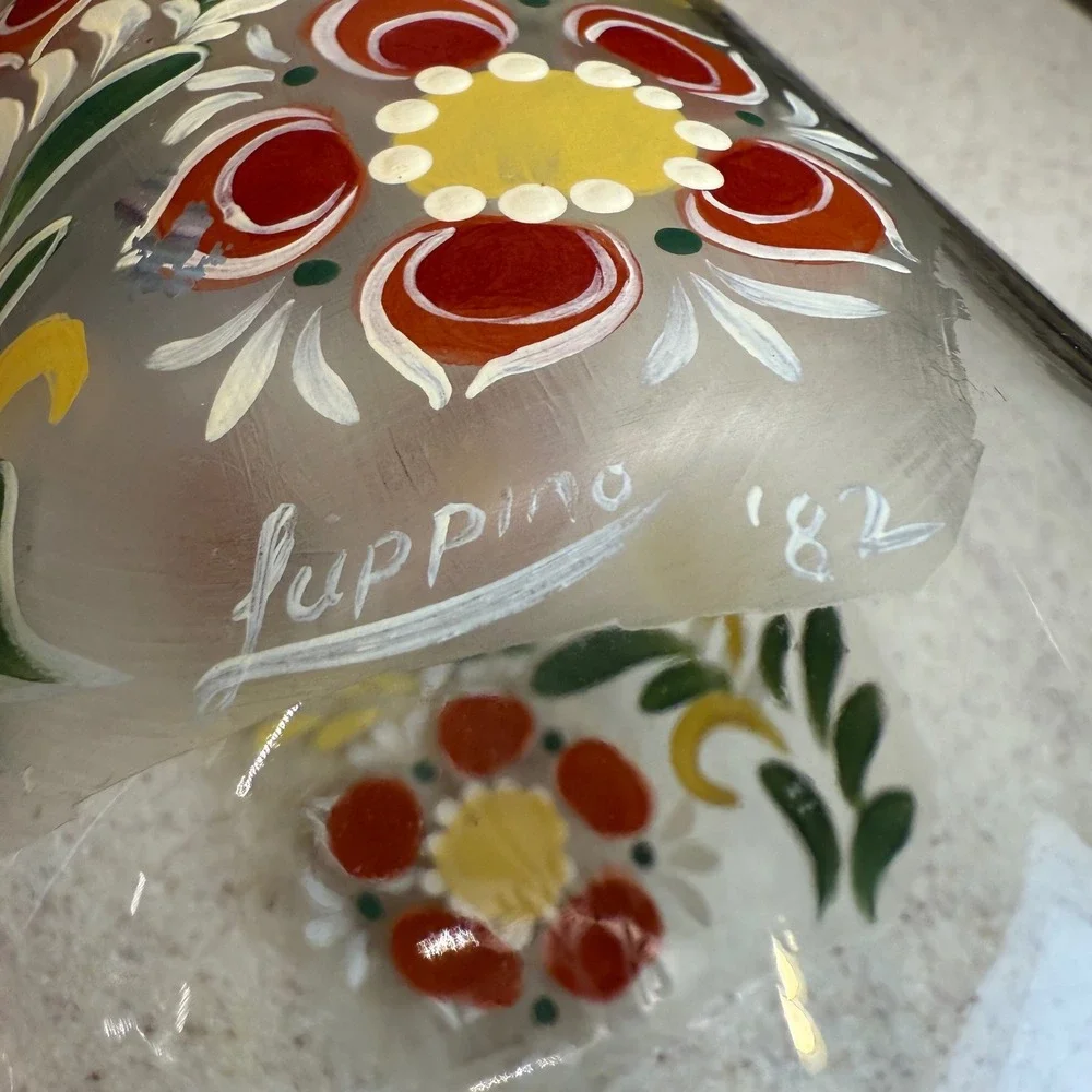 Vintage‎ 1982 Luppino Hand Painted Floral Glass Canister 1.5L Wire Bale Jar